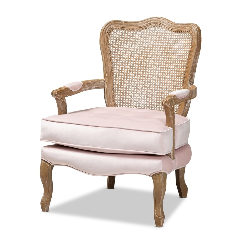 BAXTON STUDIO VALLEA TRADITIONAL FRENCH PROVINCIAL LIGHT PINK VELVET FABRIC UPHOLSTERED WHITE-WASHED OAK WOOD ARMCHAIR