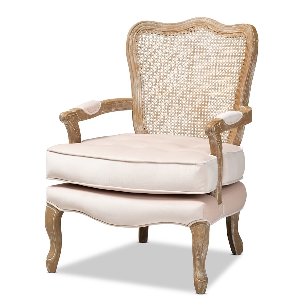 BAXTON STUDIO VALLEA TRADITIONAL FRENCH PROVINCIAL LIGHT BEIGE VELVET FABRIC UPHOLSTERED WHITE-WASHED OAK WOOD ARMCHAIR