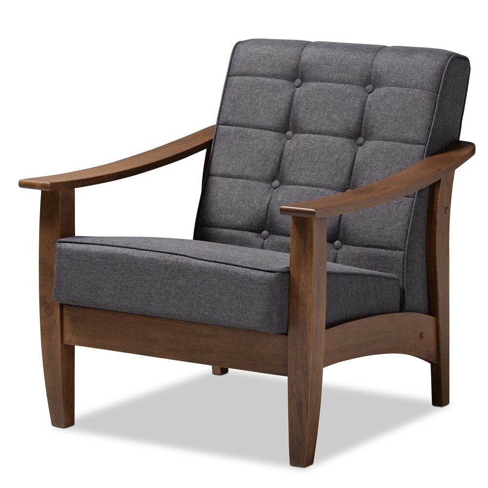 BAXTON STUDIO LARSEN MID-CENTURY MODERN GRAY FABRIC UPHOLSTERED WALNUT WOOD LOUNGE CHAIR