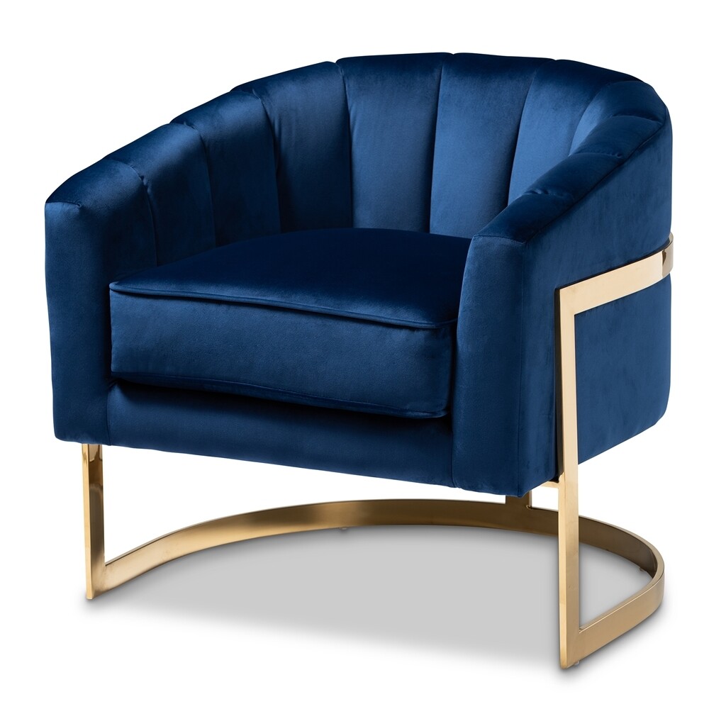 BAXTON STUDIO TOMASSO GLAM ROYAL BLUE VELVET FABRIC UPHOLSTERED GOLD-FINISHED LOUNGE CHAIR