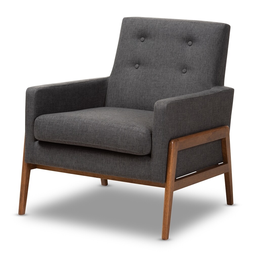 BAXTON STUDIO PERRIS MID-CENTURY MODERN DARK GREY FABRIC UPHOLSTERED WALNUT WOOD LOUNGE CHAIR