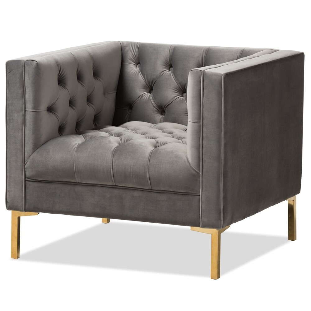BAXTON STUDIO ZANETTA LUXE AND GLAMOUR GREY VELVET UPHOLSTERED GOLD FINISHED LOUNGE CHAIR