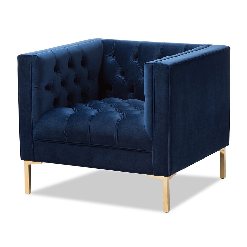 BAXTON STUDIO ZANETTA LUXE AND GLAMOUR NAVY VELVET UPHOLSTERED GOLD FINISHED LOUNGE CHAIR