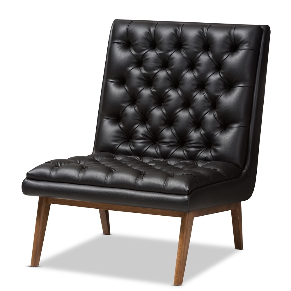 BAXTON STUDIO ANNETHA MID-CENTURY MODERN BLACK FAUX LEATHER UPHOLSTERED WALNUT FINISHED WOOD LOUNGE CHAIR