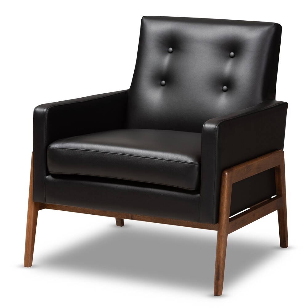 BAXTON STUDIO PERRIS MID-CENTURY MODERN BLACK FAUX LEATHER UPHOLSTERED WALNUT WOOD LOUNGE CHAIR