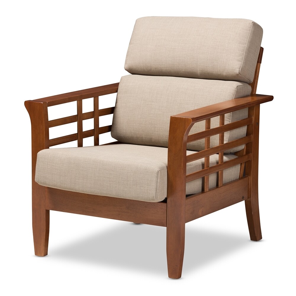 BAXTON STUDIO LARISSA MODERN CLASSIC MISSION STYLE CHERRY FINISHED BROWN WOOD AND DARK BEIGE FABRIC HIGH BACK CUSHIONED LIVING ROOM 1-SEATER LOUNGE CHAIR