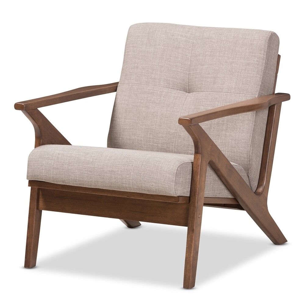 BAXTON STUDIO BIANCA MID-CENTURY MODERN WALNUT WOOD LIGHT GREY FABRIC TUFTED LOUNGE CHAIR