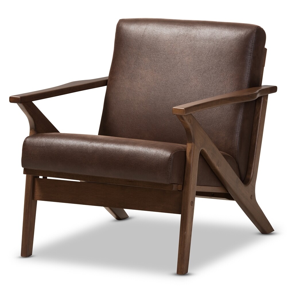 BAXTON STUDIO BIANCA MID-CENTURY MODERN WALNUT WOOD DARK BROWN DISTRESSED FAUX LEATHER LOUNGE CHAIR
