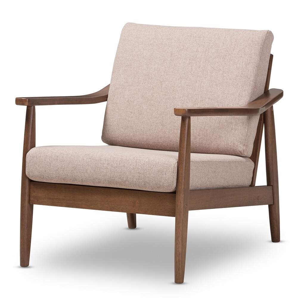 BAXTON STUDIO VENZA MID-CENTURY MODERN WALNUT WOOD LIGHT BROWN FABRIC UPHOLSTERED LOUNGE CHAIR