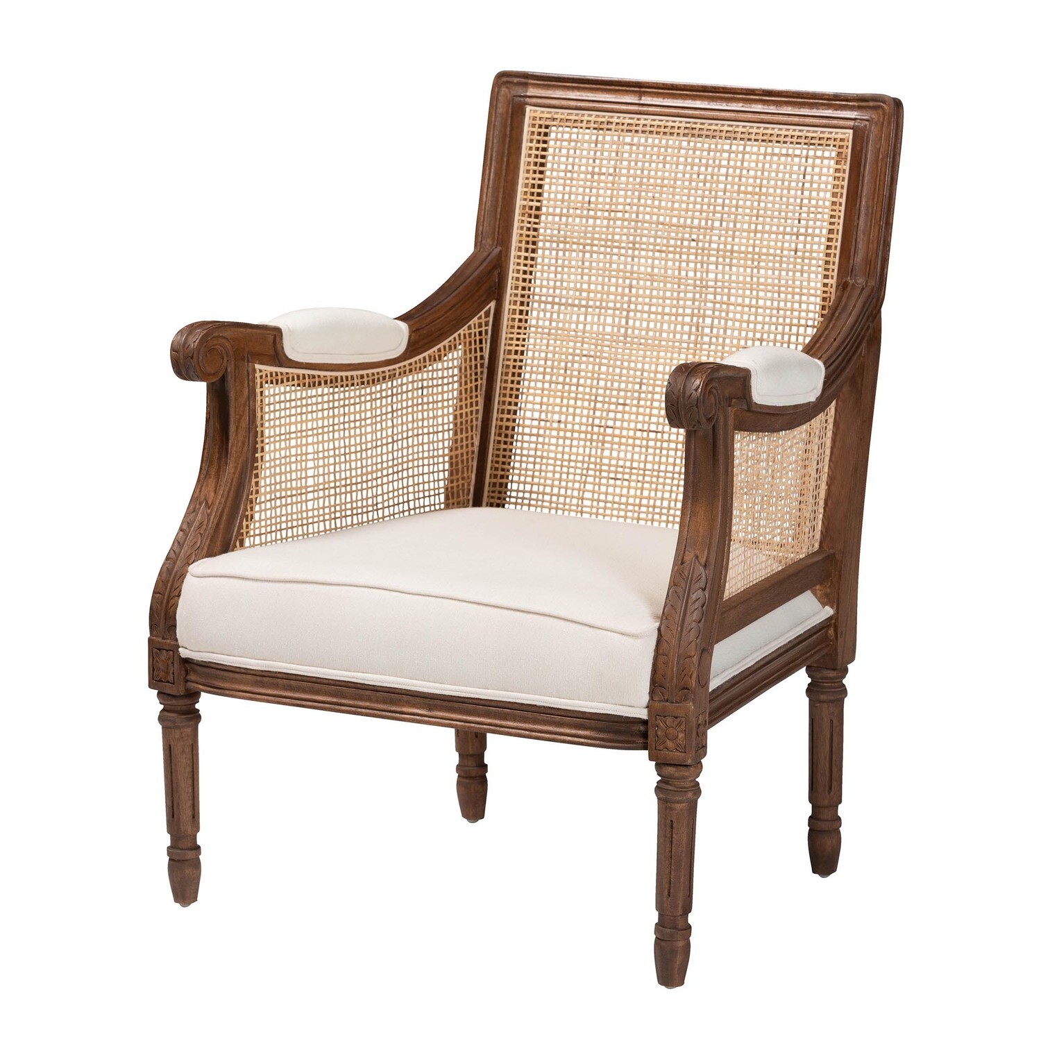 BALI & PARI DESMOND TRADITIONAL FRENCH BEIGE FABRIC AND WALNUT BROWN FINISHED WOOD ACCENT CHAIR