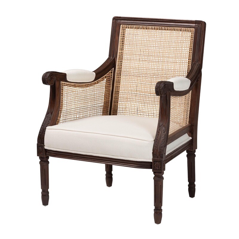 BALI & PARI DESMOND TRADITIONAL FRENCH BEIGE FABRIC AND DARK BROWN FINISHED WOOD ACCENT CHAIR
