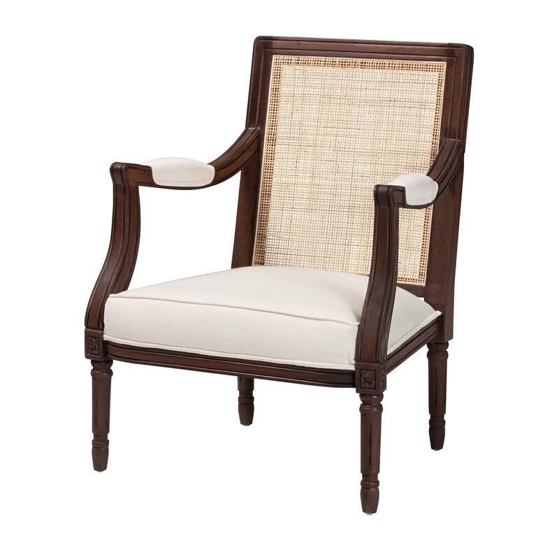 BALI & PARI GARRIDAN TRADITIONAL FRENCH BEIGE FABRIC AND DARK BROWN FINISHED WOOD ACCENT CHAIR