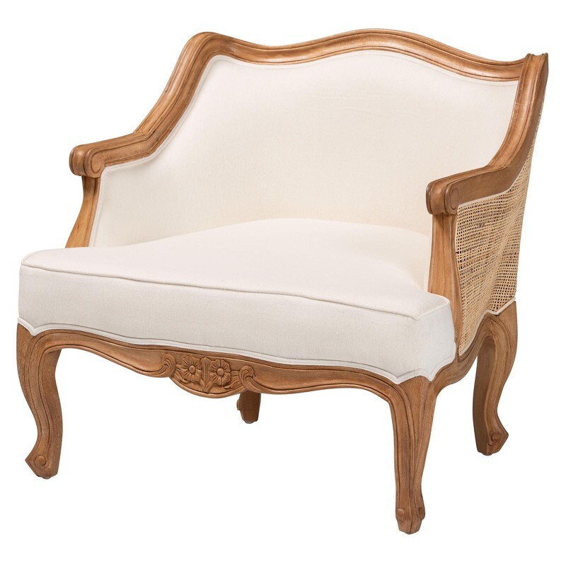 BALI & PARI SYLVESTRA TRADITIONAL FRENCH BEIGE FABRIC AND HONEY OAK FINISHED WOOD LOW SEAT ACCENT CHAIR
