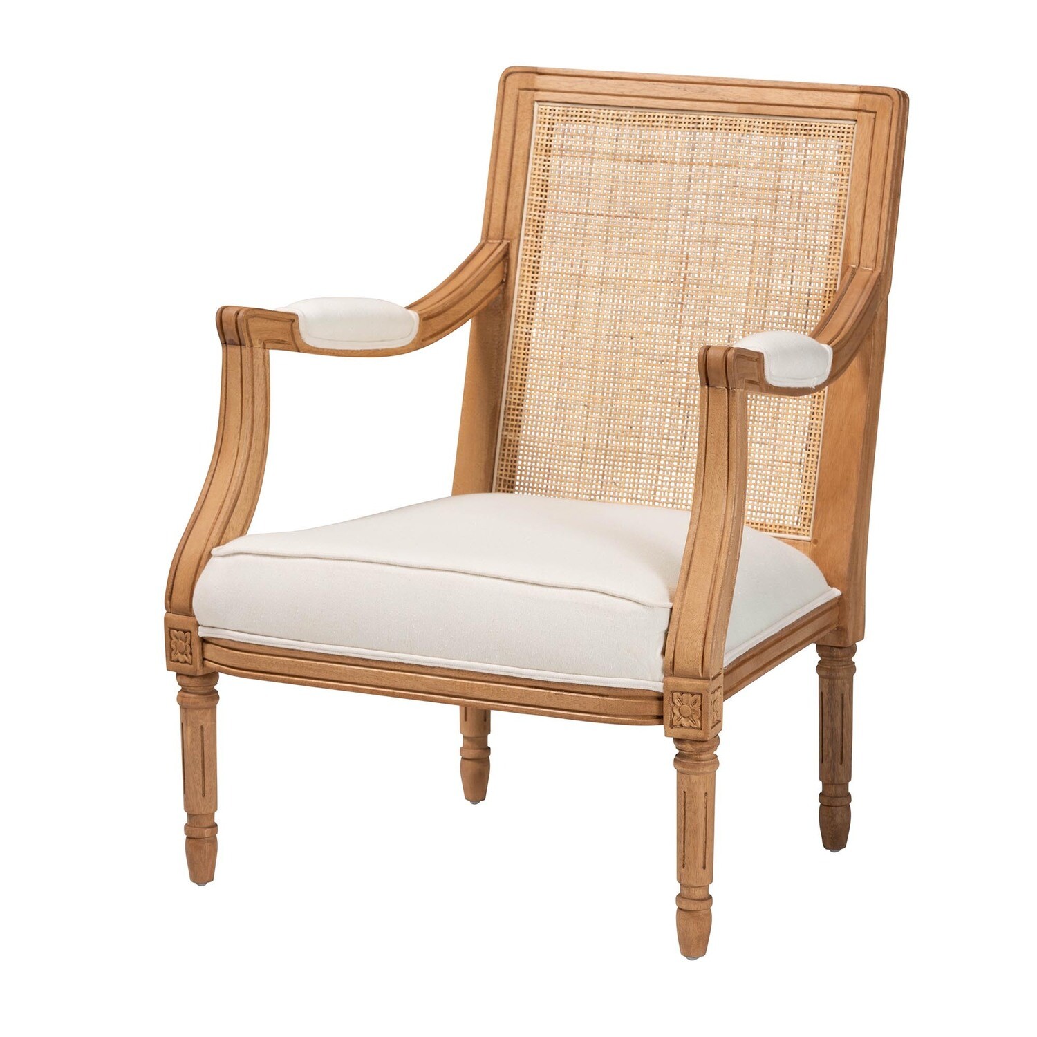 BALI & PARI GARRIDAN TRADITIONAL FRENCH BEIGE FABRIC AND HONEY OAK FINISHED WOOD ACCENT CHAIR