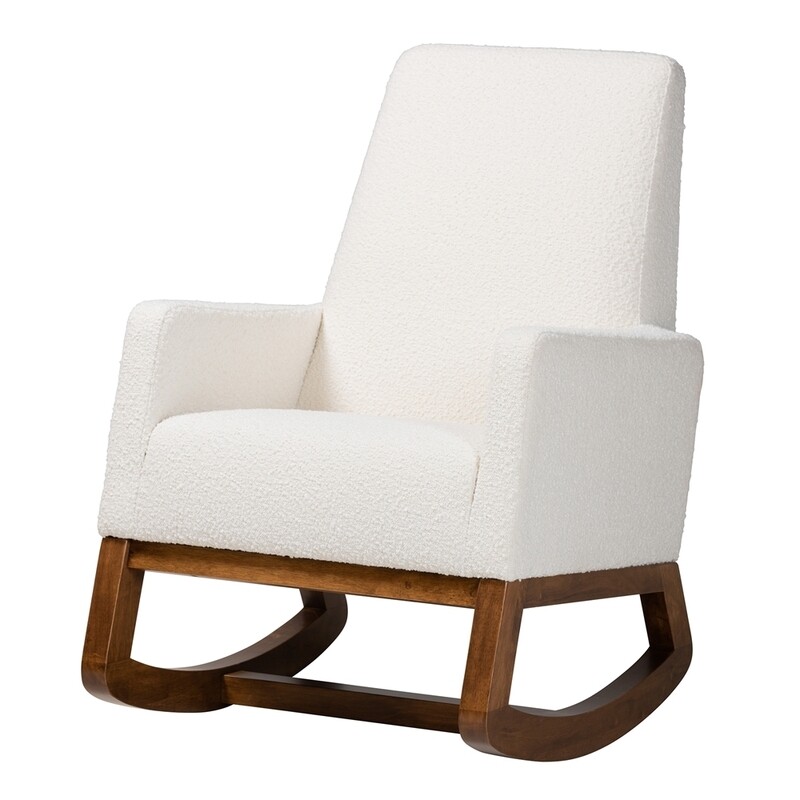 BAXTON STUDIO YASHIYA MID-CENTURY MODERN OFF-WHITE BOUCLE UPHOLSTERED AND WALNUT BROWN FINISHED WOOD ROCKING CHAIR