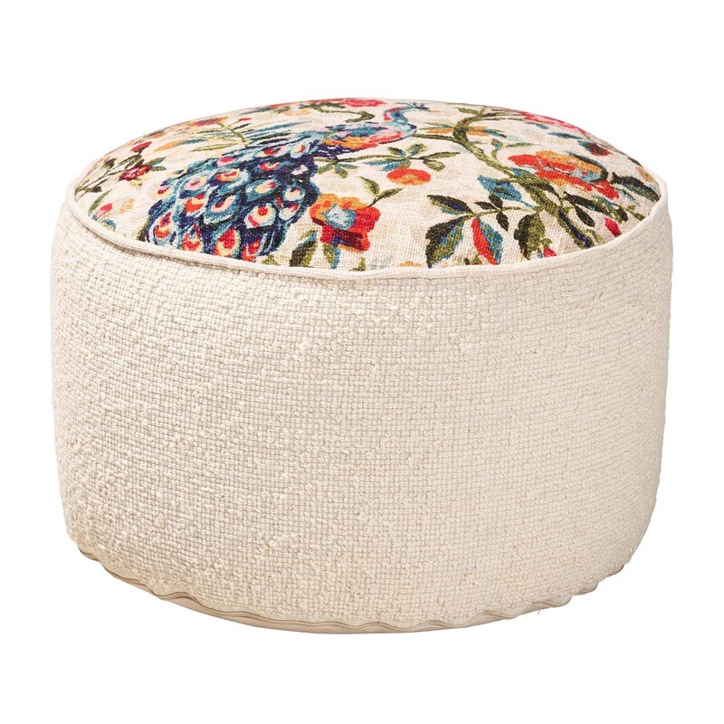 BAXTON STUDIO MURINO VINTAGE CREAM AND MULTICOLOR FABRIC OTTOMAN POUF