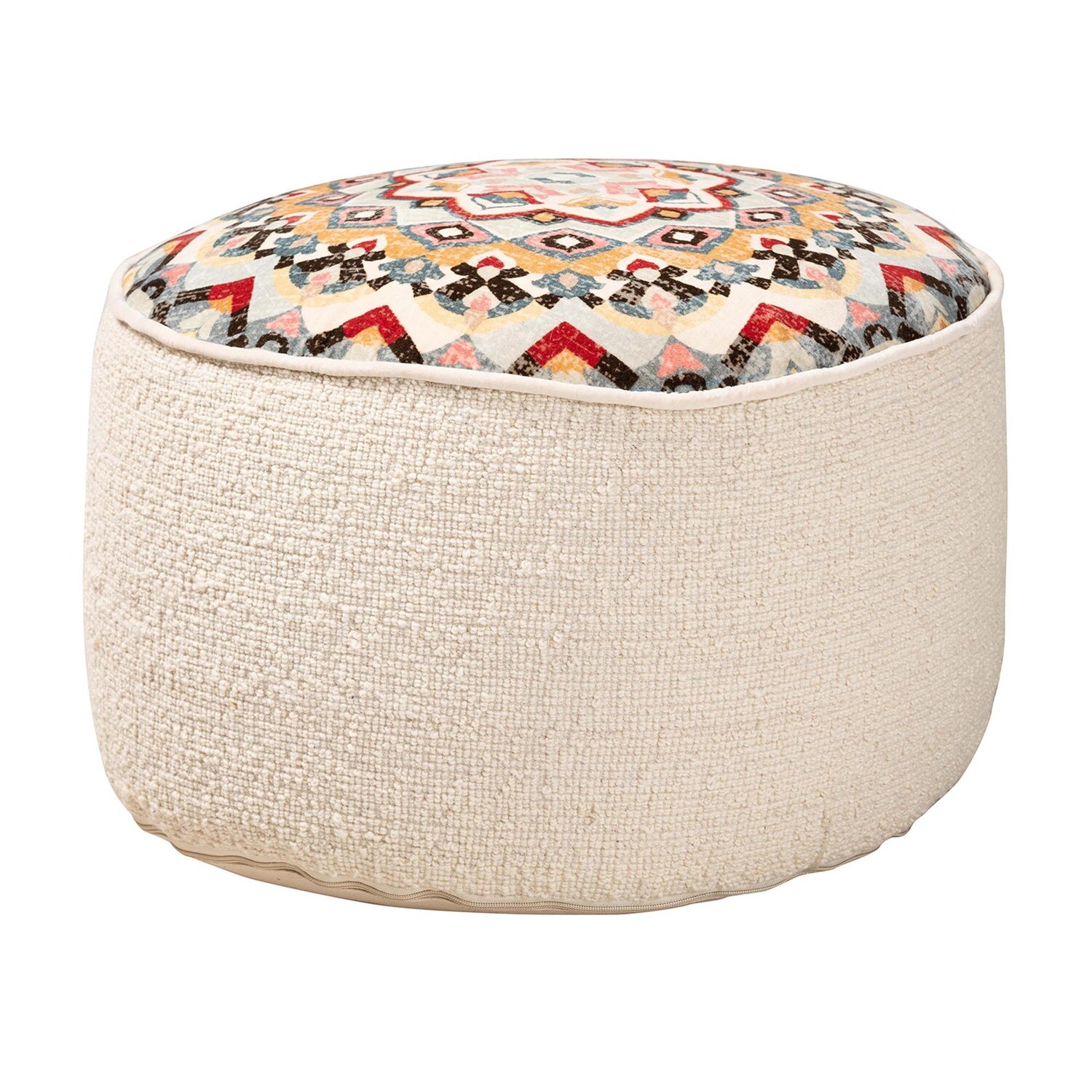 BAXTON STUDIO DURRUS VINTAGE CREAM AND MULTICOLOR FABRIC OTTOMAN POUF