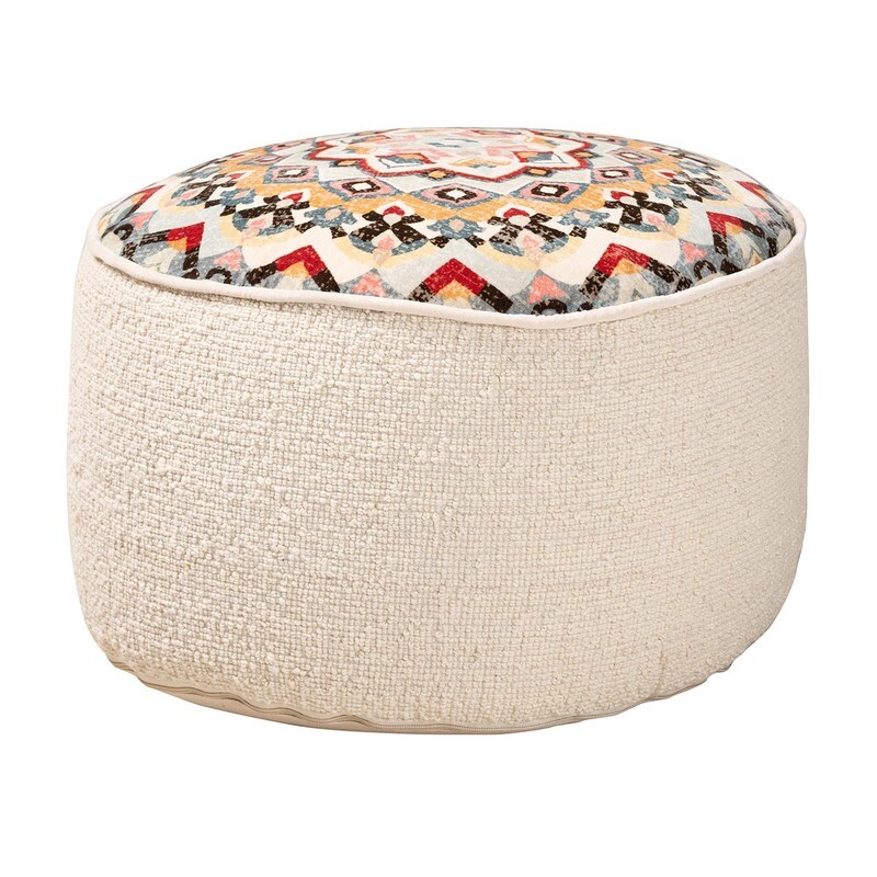 BAXTON STUDIO DURRUS VINTAGE CREAM AND MULTICOLOR FABRIC OTTOMAN POUF