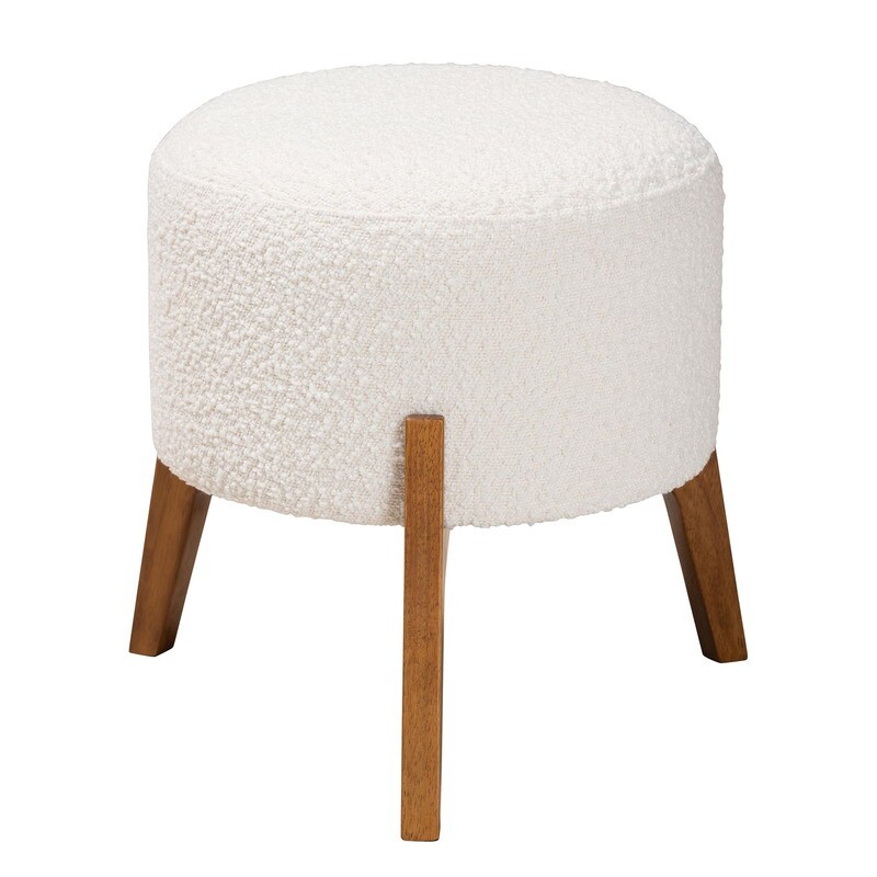 BAXTON STUDIO ELKIE JAPANDI CREAM BOUCLE FABRIC AND WALNUT BROWN FINISHED WOOD OTTOMAN FOOTSTOOL