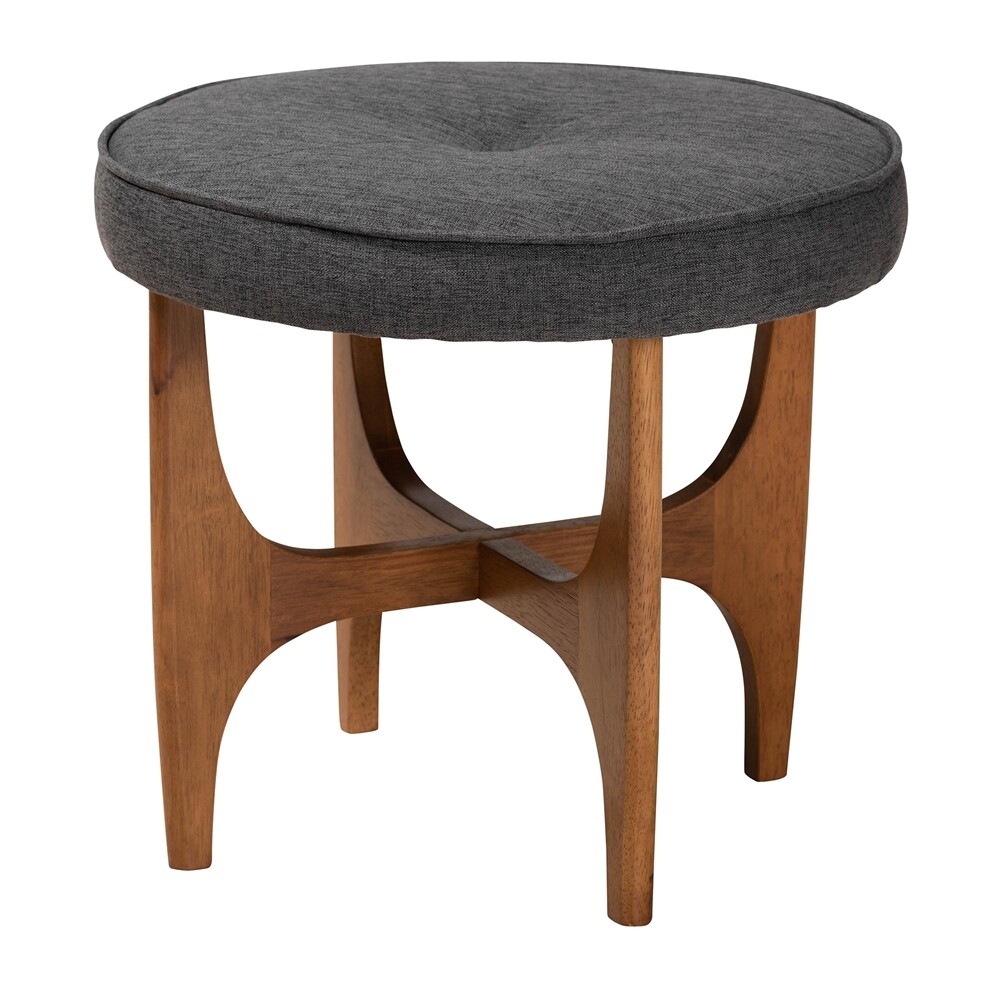 BAXTON STUDIO THEO JAPANDI DARK GREY FABRIC AND WALNUT BROWN FINISHED WOOD OTTOMAN FOOTSTOOL