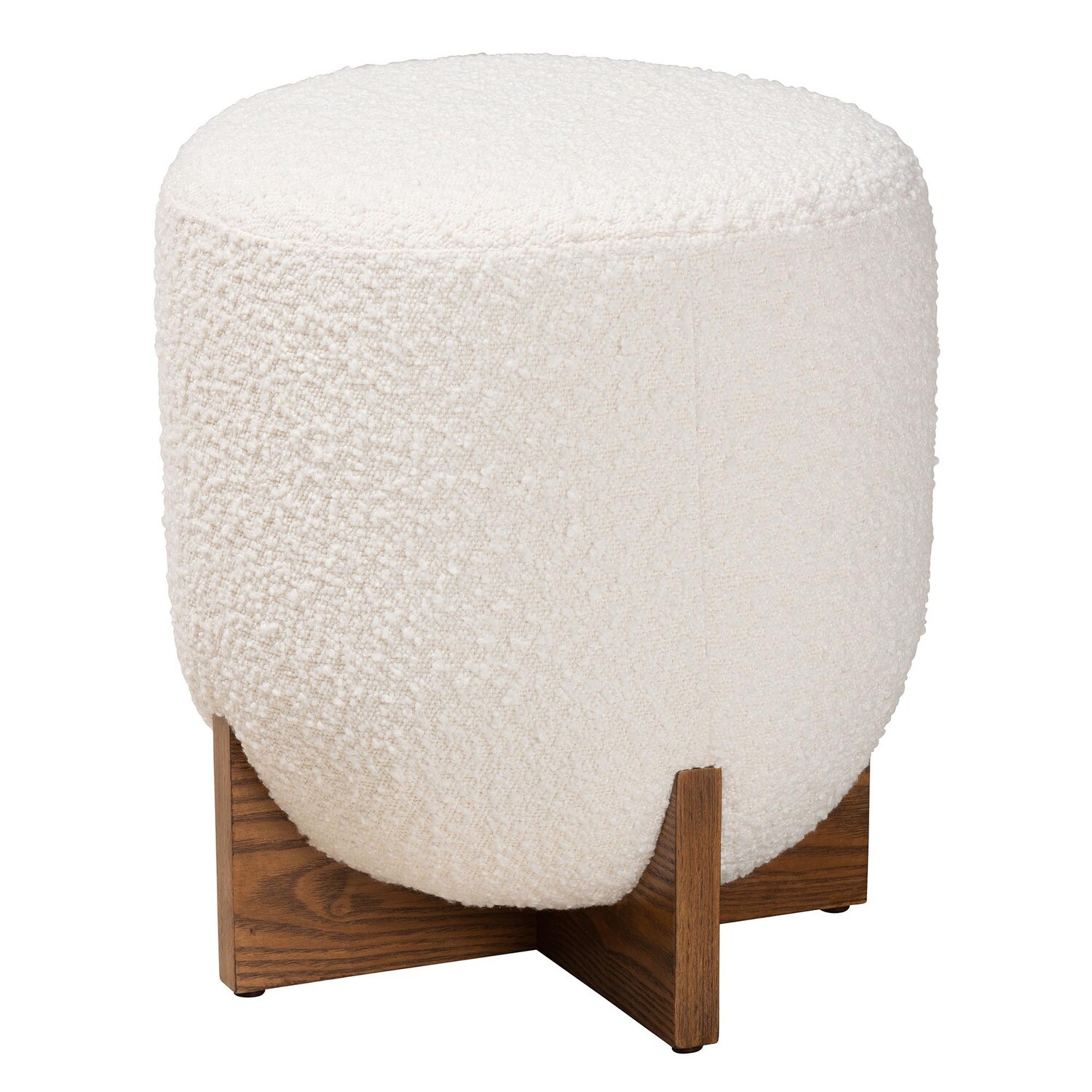 BAXTON STUDIO FISK JAPANDI CREAM BOUCLE FABRIC AND WALNUT BROWN FINISHED WOOD OTTOMAN FOOTSTOOL