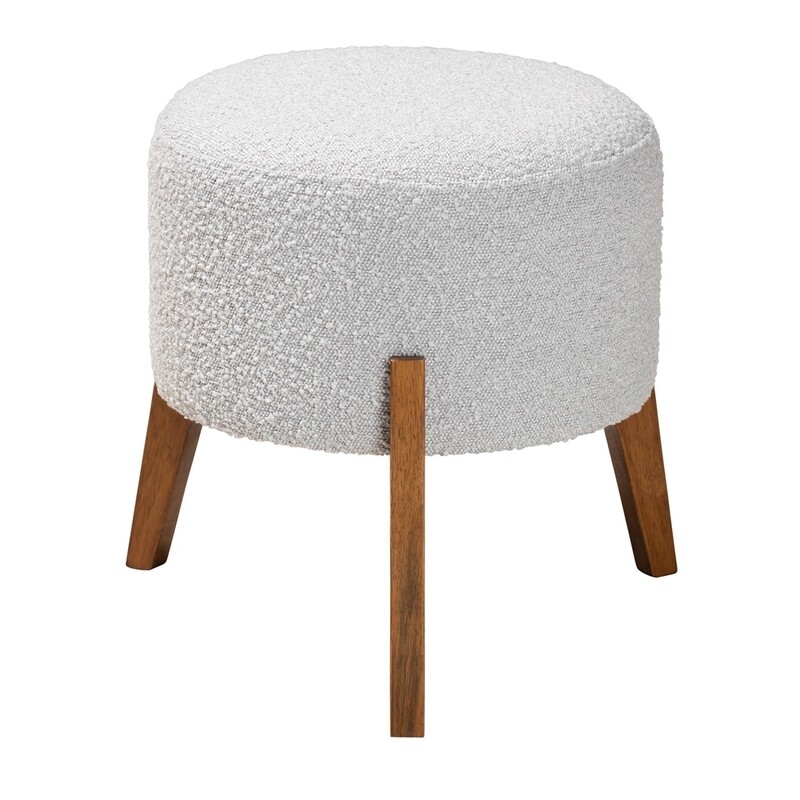 BAXTON STUDIO ELKIE JAPANDI LIGHT GREY BOUCLE FABRIC AND WALNUT BROWN FINISHED WOOD OTTOMAN FOOTSTOOL