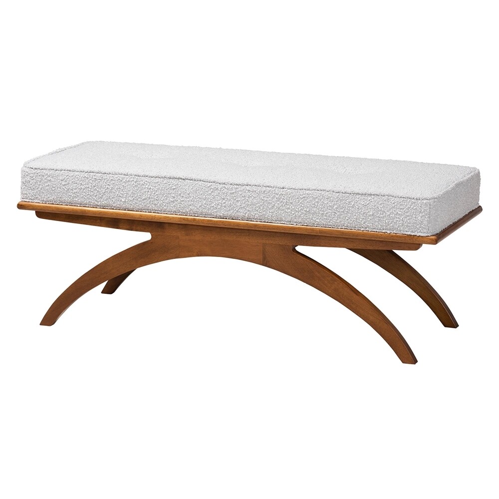BAXTON STUDIO ORELLA JAPANDI LIGHT GREY BOUCLE FABRIC AND WALNUT BROWN FINISHED WOOD BENCH