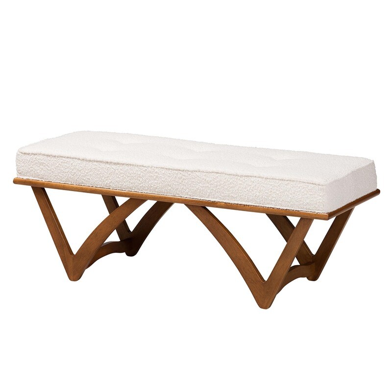 BAXTON STUDIO CHENOA JAPANDI CREAM BOUCLE FABRIC AND WALNUT BROWN FINISHED WOOD BENCH