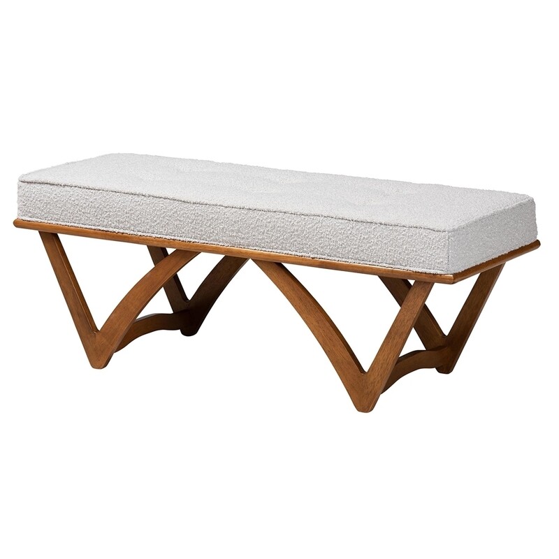 BAXTON STUDIO CHENOA JAPANDI LIGHT GREY BOUCLE FABRIC AND WALNUT BROWN FINISHED WOOD BENCH