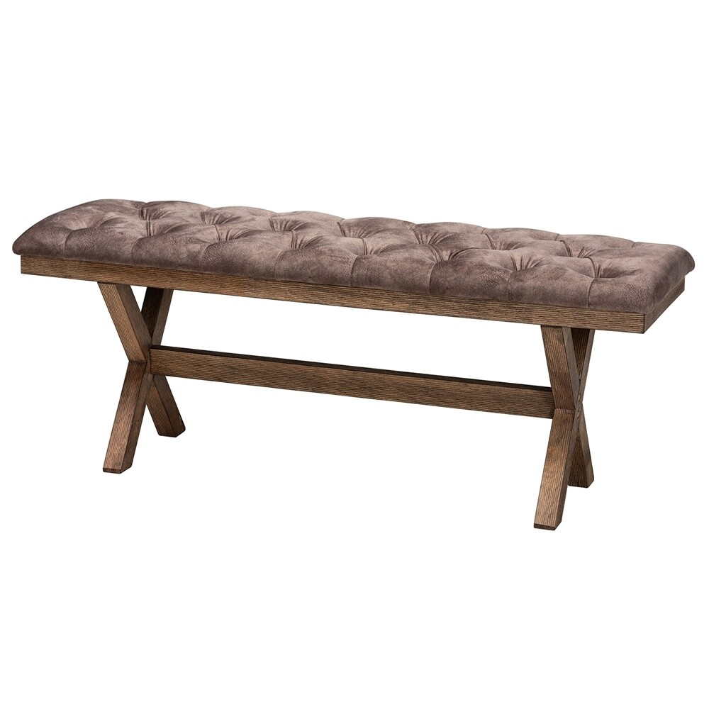 BAXTON STUDIO CHERENE MODERN FARMHOUSE CHOCOLATE VELVET FABRIC AND RUSTIC BROWN FINISHED WOOD BENCH