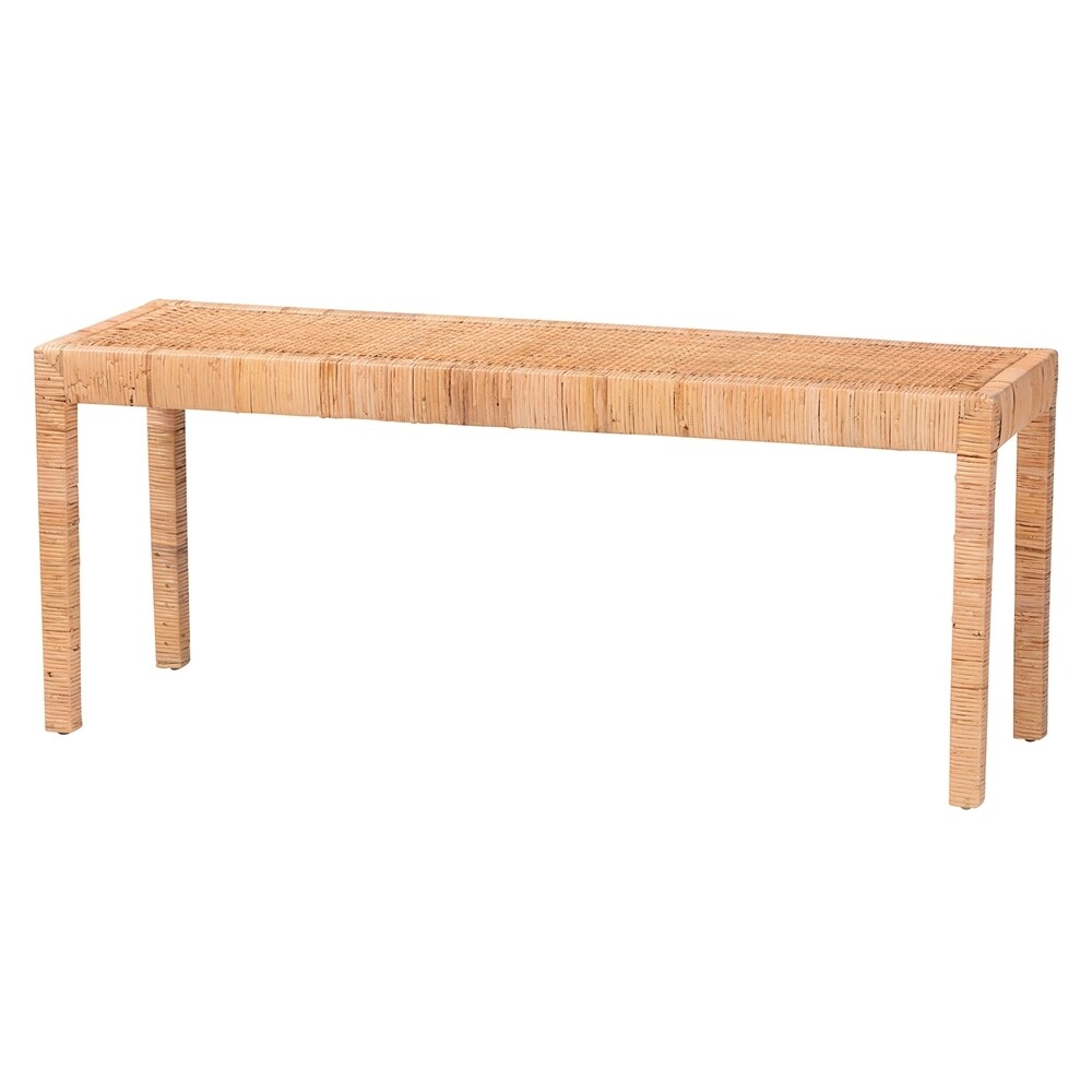BALI & PARI ABELIA MODERN BOHEMIAN NATURAL RATTAN AND MAHOGANY WOOD LONG ACCENT BENCH