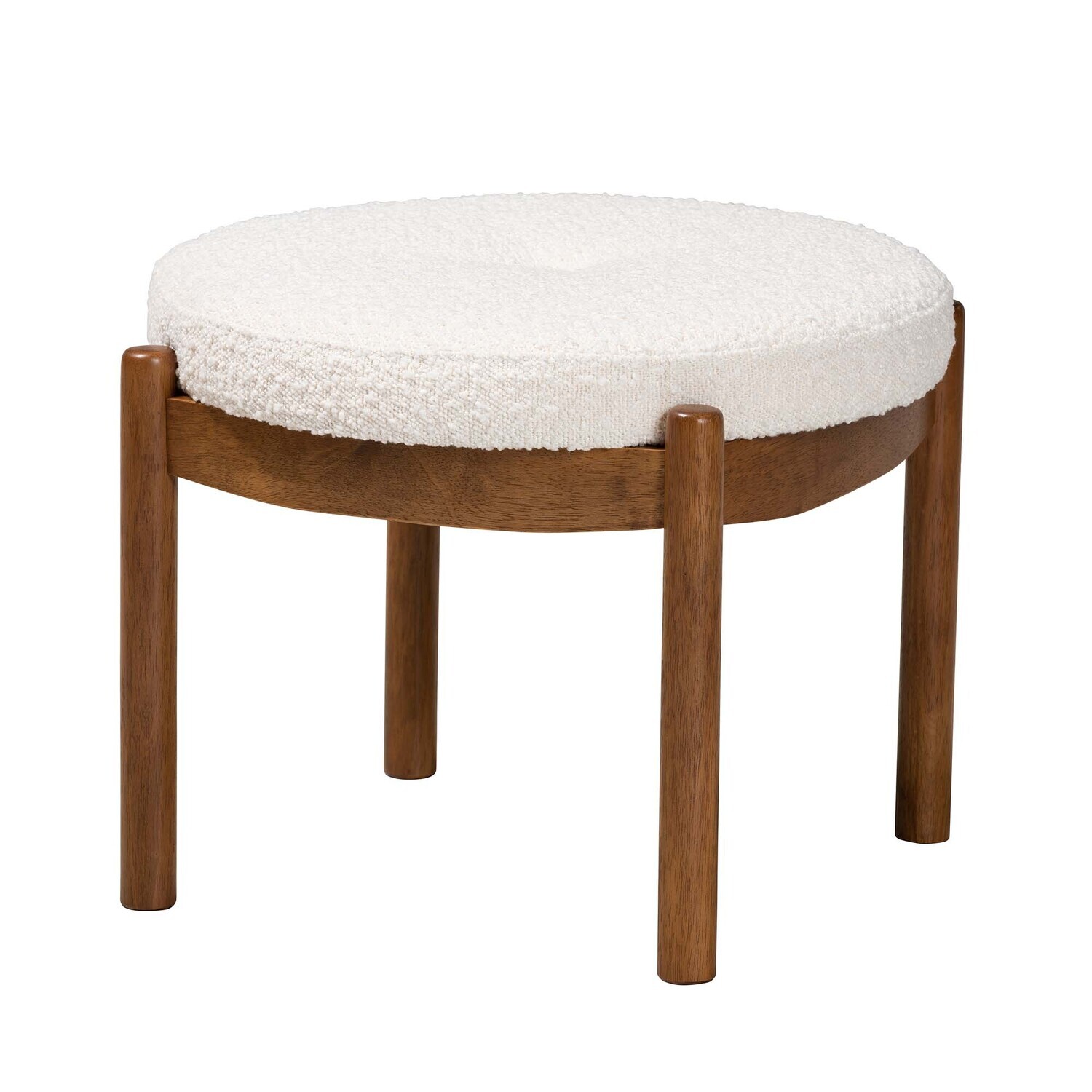BAXTON STUDIO ILIANA JAPANDI CREAM BOUCLE FABRIC AND WALNUT BROWN FINISHED RUBBERWOOD OTTOMAN FOOTSTOOL