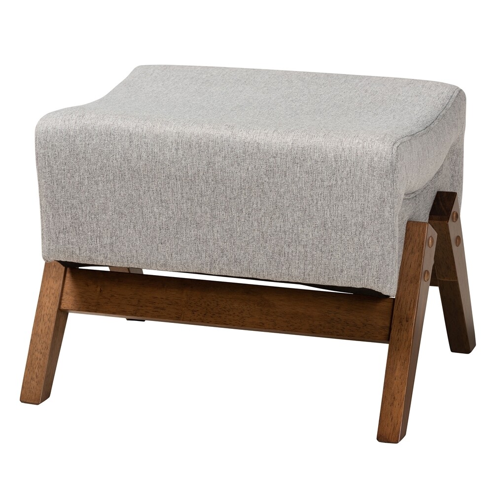 BAXTON STUDIO HANSON MID-CENTURY MODERN LIGHT GREY FABRIC AND WALNUT BROWN FINISHED WOOD OTTOMAN