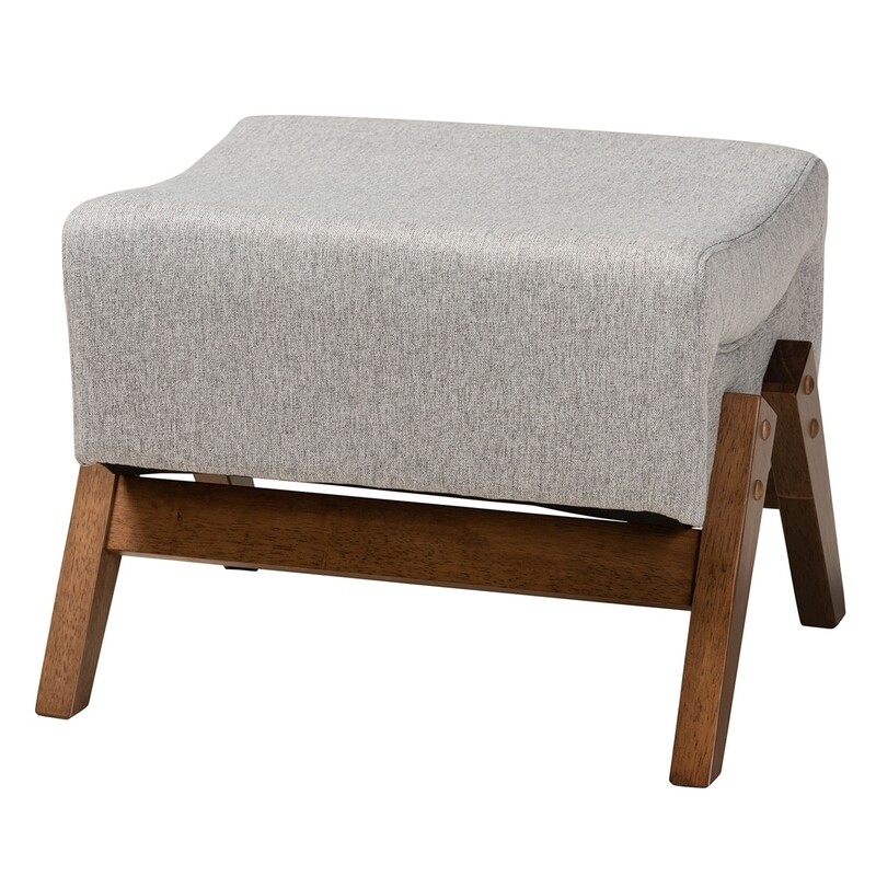 BAXTON STUDIO HANSON MID-CENTURY MODERN LIGHT GREY FABRIC AND WALNUT BROWN FINISHED WOOD OTTOMAN