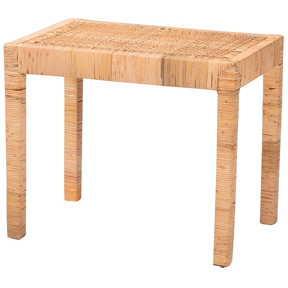 BALI & PARI ABELIA MODERN BOHEMIAN NATURAL RATTAN AND MAHOGANY WOOD SHORT ACCENT BENCH