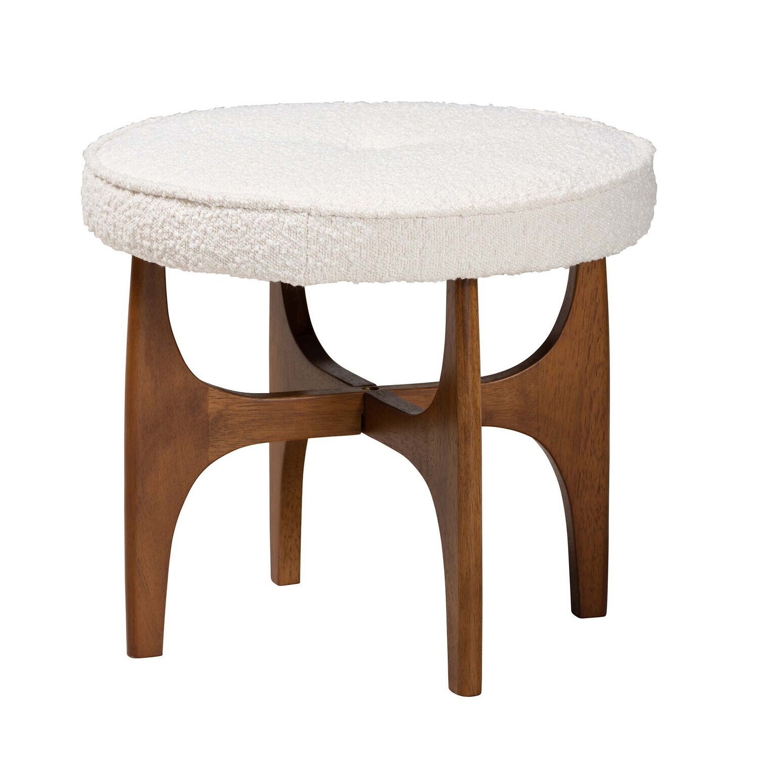 BAXTON STUDIO THEO JAPANDI CREAM BOUCLE FABRIC AND WALNUT BROWN FINISHED RUBBERWOOD OTTOMAN FOOTSTOOL