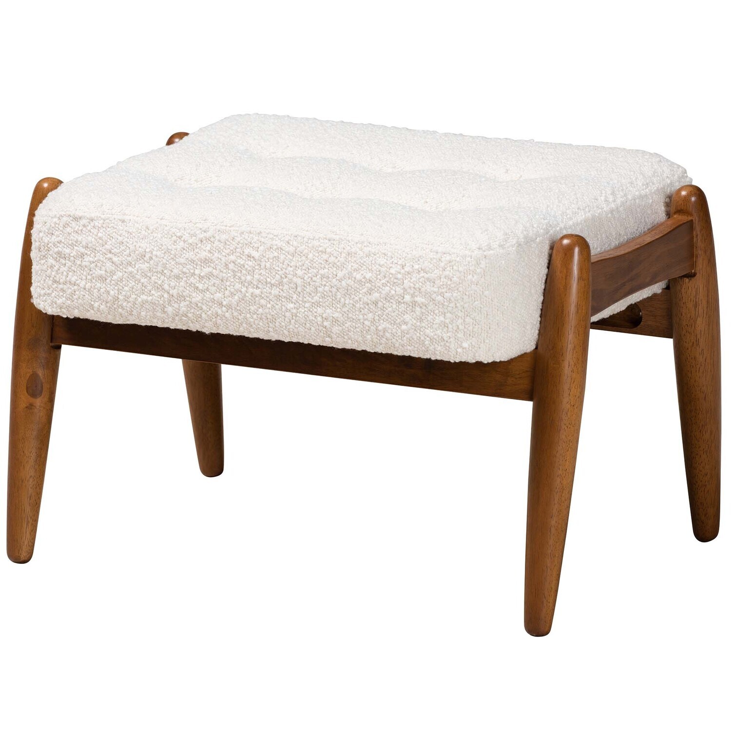 BAXTON STUDIO JEANINE JAPANDI CREAM BOUCLE FABRIC AND WALNUT BROWN FINISHED RUBBERWOOD OTTOMAN FOOTSTOOL