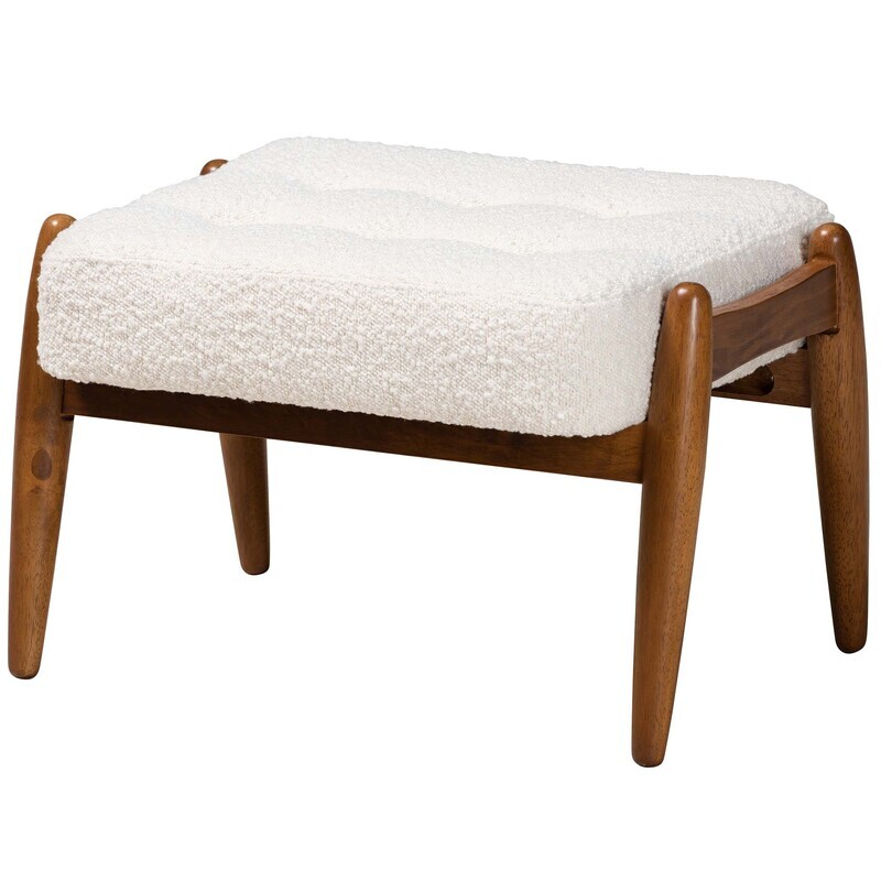 BAXTON STUDIO JEANINE JAPANDI CREAM BOUCLE FABRIC AND WALNUT BROWN FINISHED RUBBERWOOD OTTOMAN FOOTSTOOL