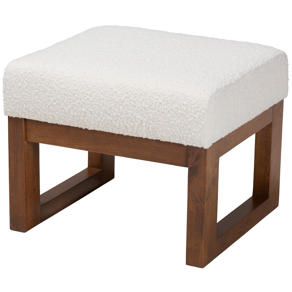 BAXTON STUDIO YASHIYA MID-CENTURY MODERN OFF-WHITE BOUCLE UPHOLSTERED AND WALNUT BROWN FINISHED WOOD OTTOMAN FOOTSTOOL