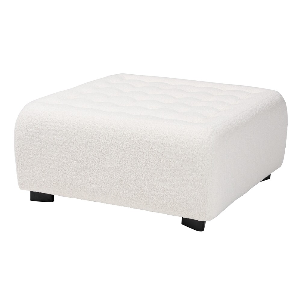 BAXTON STUDIO ATHENA MODERN AND CONTEMPORARY IVORY BOUCLE UPHOLSTERED AND BLACK FINISHED WOOD SQUARE OTTOMAN