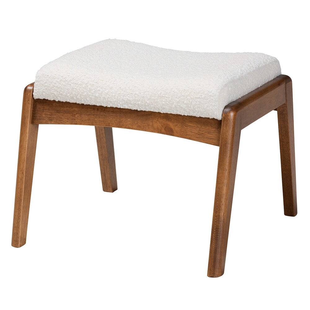 BAXTON STUDIO ROXY MID-CENTURY MODERN OFF-WHITE BOUCLE UPHOLSTERED AND WALNUT BROWN FINISHED WOOD OTTOMAN FOOTSTOOL