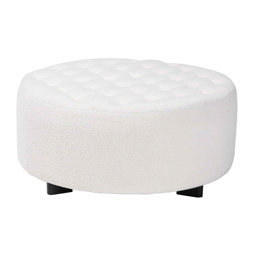 BAXTON STUDIO ATHENA MODERN AND CONTEMPORARY IVORY BOUCLE UPHOLSTERED AND BLACK FINISHED WOOD ROUND OTTOMAN
