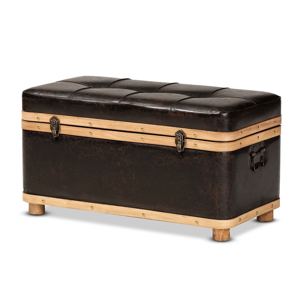 BAXTON STUDIO GENDRY MODERN RUSTIC TRANSITIONAL DARK BROWN FAUX LEATHER UPHOLSTERED AND OAK BROWN FINISHED WOOD LARGE STORAGE OTTOMAN