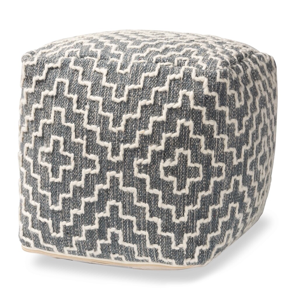 BAXTON STUDIO BENJAMIN MODERN AND CONTEMPORARY BOHEMIAN GREY AND IVORY HANDWOVEN COTTON BLEND POUF OTTOMAN
