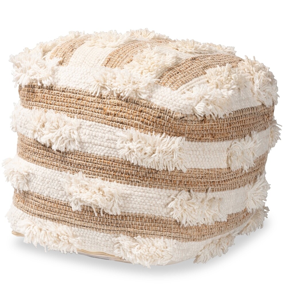 BAXTON STUDIO BASQUE MODERN AND CONTEMPORARY MOROCCAN INSPIRED NATURAL AND IVORY HANDWOVEN WOOL BLEND POUF OTTOMAN