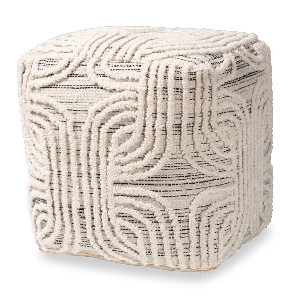 BAXTON STUDIO ARLETT MODERN AND CONTEMPORARY BOHEMIAN IVORY AND BLACK HANDWOVEN WOOL BLEND POUF OTTOMAN