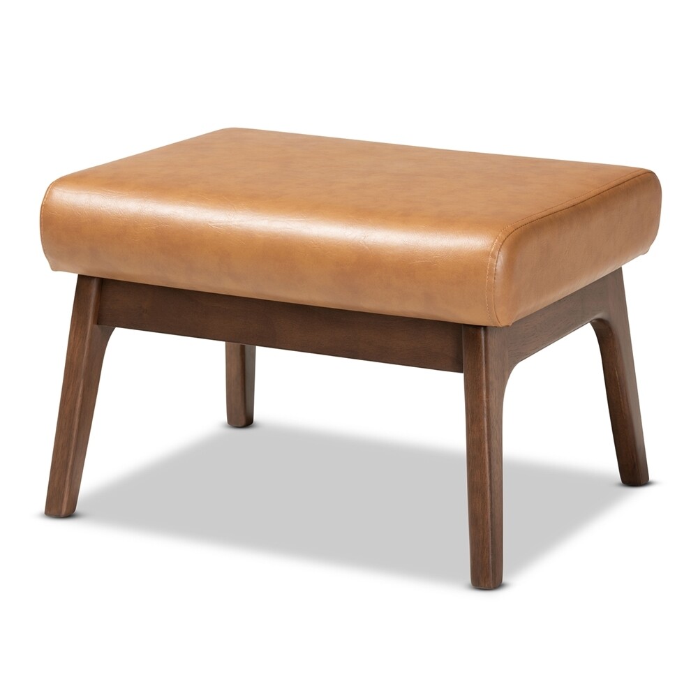 BAXTON STUDIO BIANCA MID-CENTURY MODERN WALNUT BROWN FINISHED WOOD AND TAN FAUX LEATHER EFFECT OTTOMAN