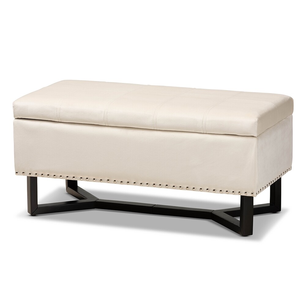 BAXTON STUDIO ESTHER MODERN AND CONTEMPORARY BEIGE VELVET FABRIC UPHOLSTERED AND DARK BROWN FINISHED WOOD STORAGE OTTOMAN