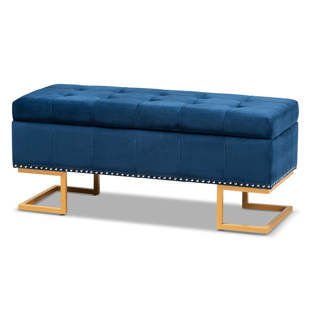 BAXTON STUDIO ELLERY LUXE AND GLAM NAVY BLUE VELVET FABRIC UPHOLSTERED AND GOLD FINISHED METAL STORAGE OTTOMAN