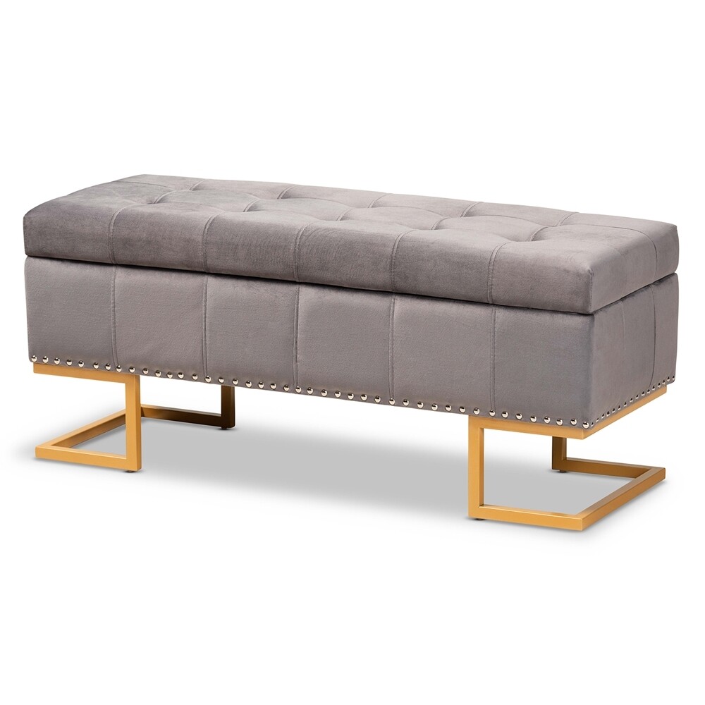 BAXTON STUDIO ELLERY LUXE AND GLAM GREY VELVET FABRIC UPHOLSTERED AND GOLD FINISHED METAL STORAGE OTTOMAN